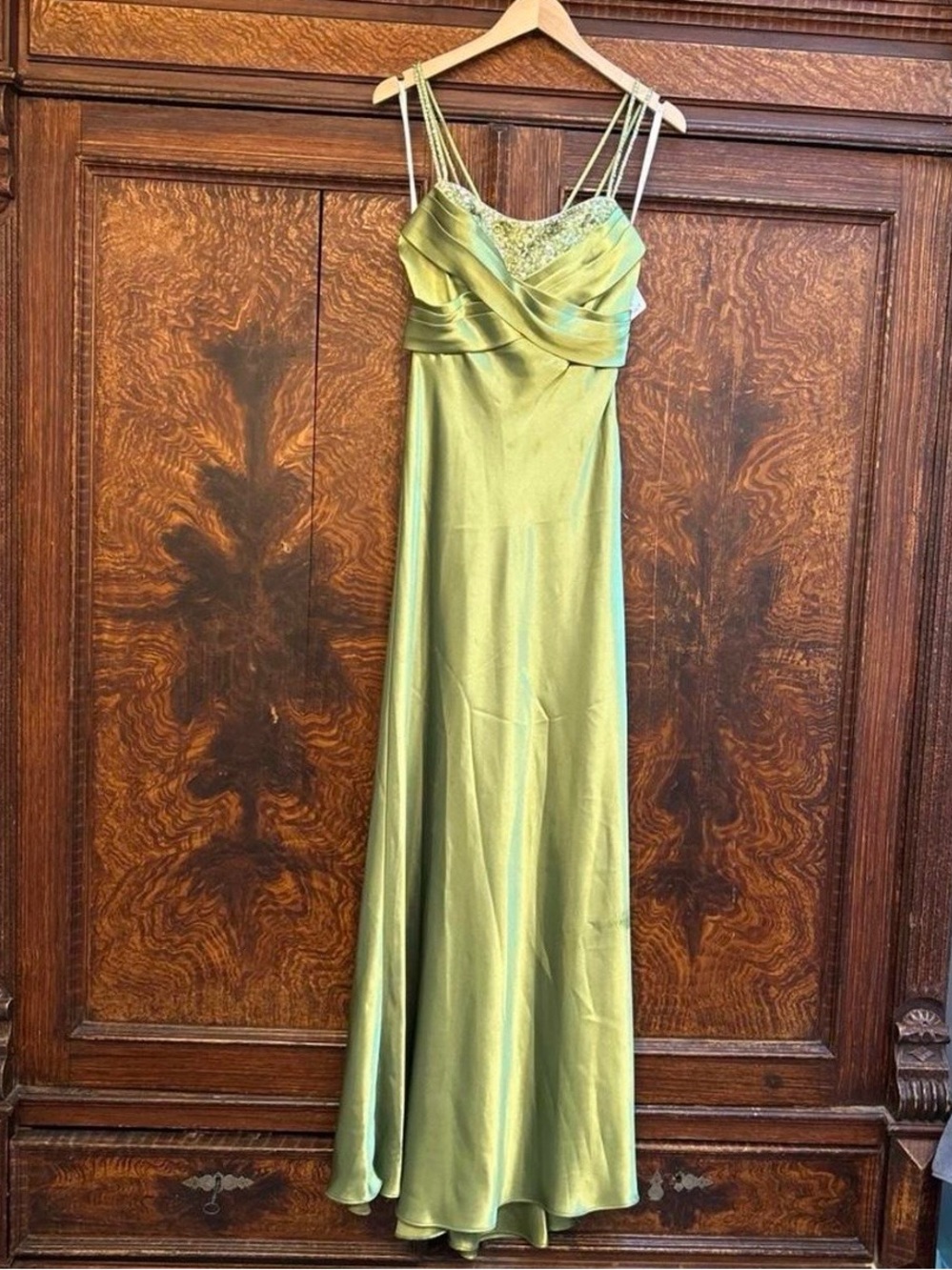 Niki for Alfred Angelo green satin dress with beaded straps and bodice sz 8